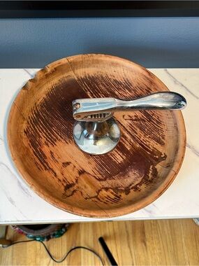 Hellerware Danish round Wood Nut Bowl with Chrome Attached Mechanical cracker